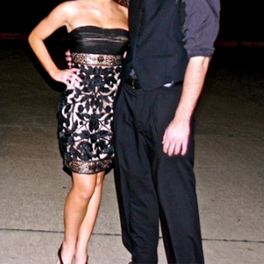 Sue Wong Black and Tan Beaded Strapless Dress